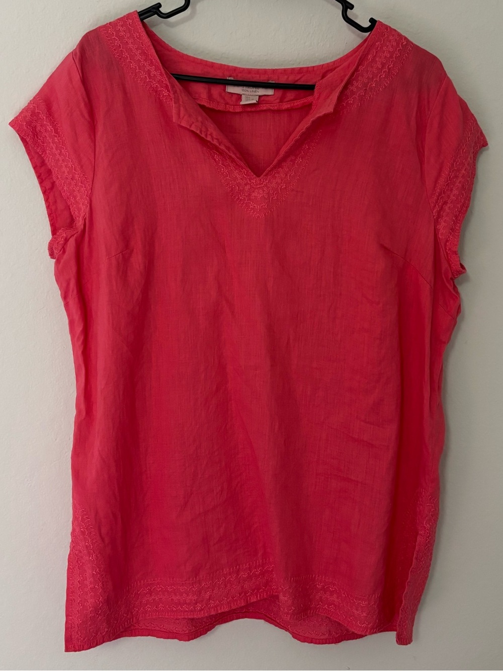 Saint Tropez West Coral Pink 100% Linen Embroidered Boho Top L